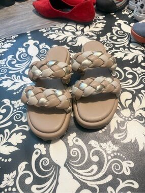 Braided Double-Strap Slide Sandals in Taupe with Silver Accents